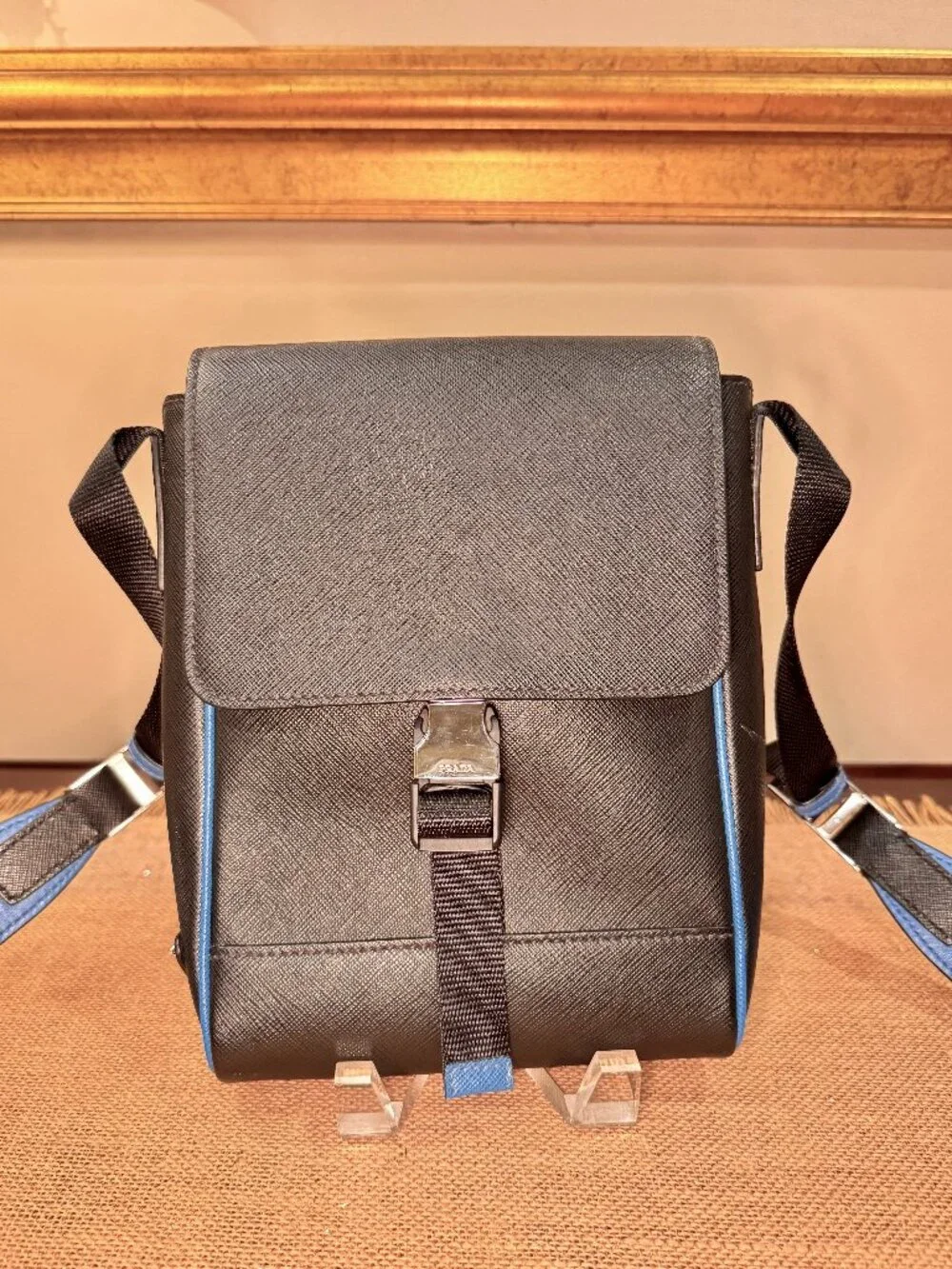Prada Saffiano Leather Crossbody Bag — Black with Blue Trim